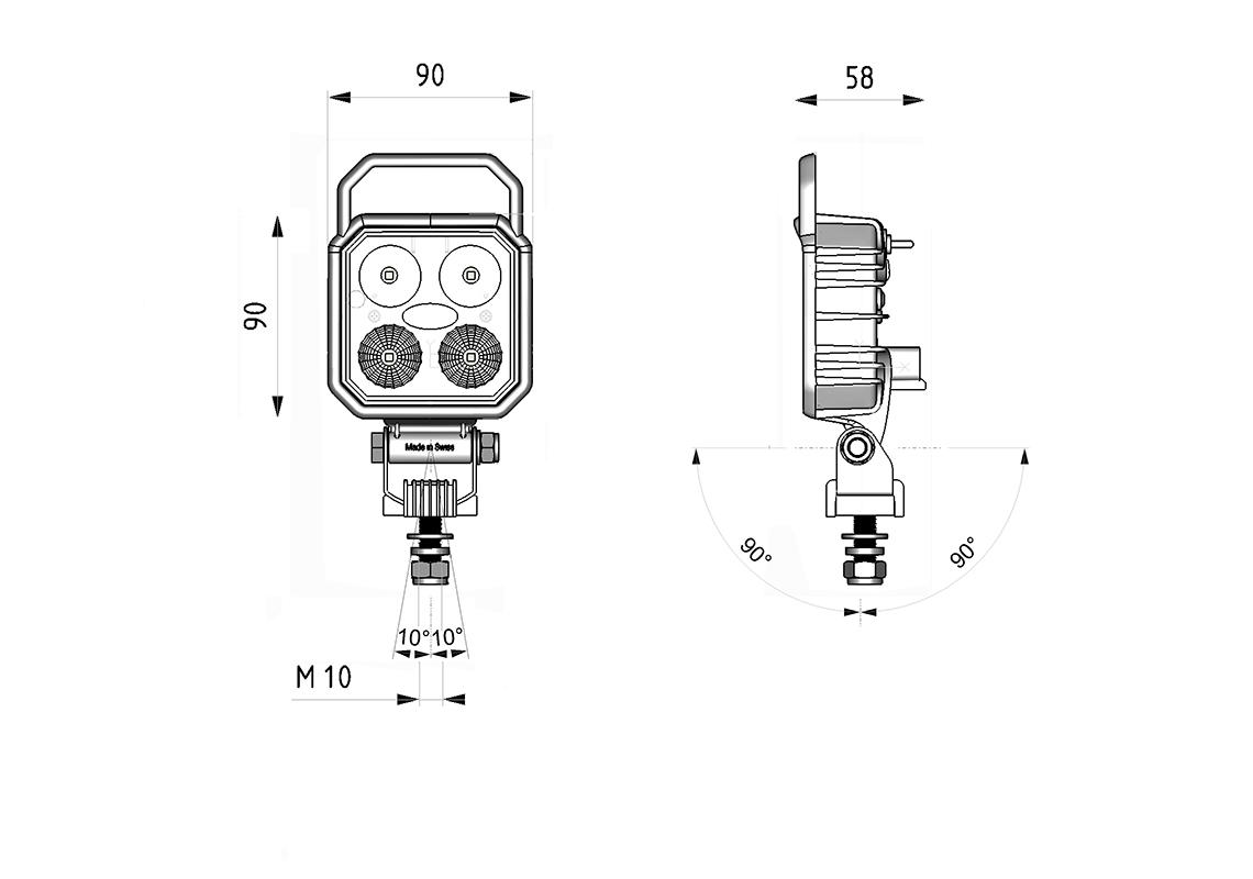 Work light LED square 90X90mm with handle and switch- cable